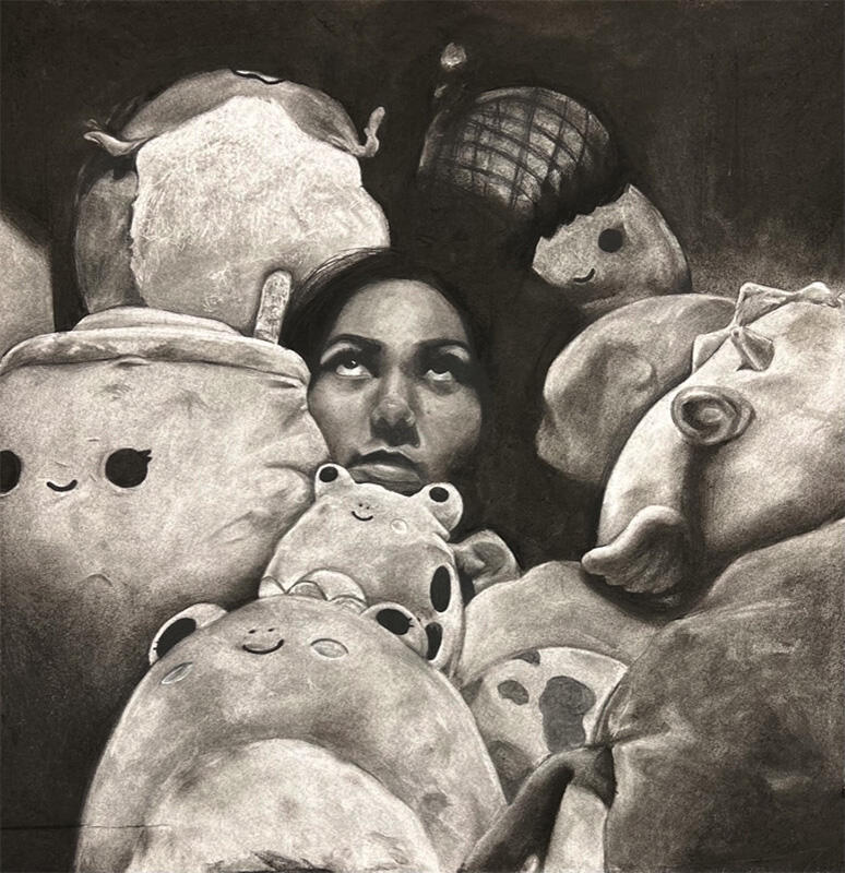 Overconsumption (#2, 2023) - Charcoal, Charcoal Pastel, Graphite, White Pencil